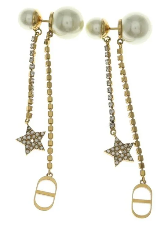Dior Tribal Faux Pearl CD Logo Earrings Star Rhinestone Gold White - Picture 2 of 6